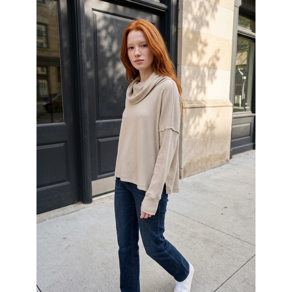 We The Free People Cowl Neck Ribbed Oversized Top Beige XS OB1226411